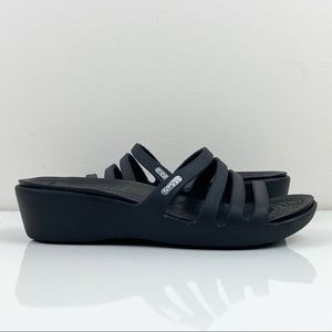 Crocs Rhonda Wedge Strappy Sandals Triple Black Rubber Slides Women's Size 8.0